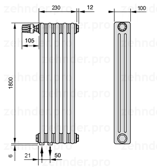 Схема (чертеж) Радиатор Zehnder Charleston 3180/5 №V001 Белый глянцевый RAL 9016